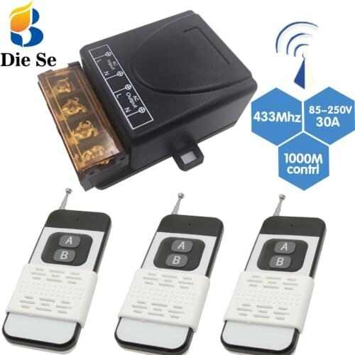 High-Power Wireless Relay Controller 433MHz RF AC220V 30Amp Receiver and 1000M Remote Transmitter for Ventilation/Pump/Lamp