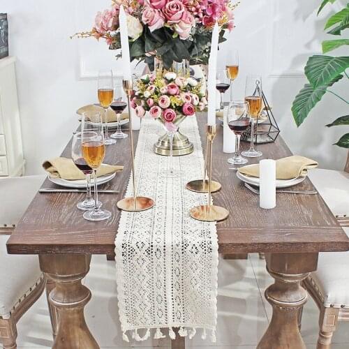 Beige Crochet Lace Table Runner with Tassel Cotton Wedding Decor Hollow Tablecloth Nordic Boho Coffee Table Cover Runners T257