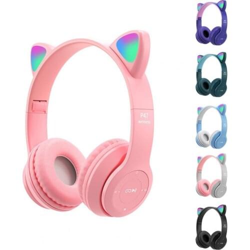 P47 ABS Headphone Bluetooth 5.0 Luminous Cat Ear Shape Lovely Wireless Headset for Travel Gift for Girlfriend