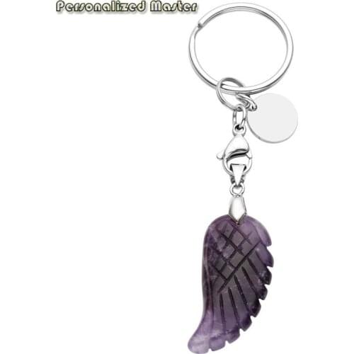 Personalized Master Custom Date Name Keychain Stainless Steel Key Chain with Fluorite Chakra Healing Crystal Angel Wing Pendant
