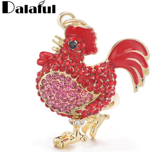 Dalaful Cock Luxury Rooster Chicken Keychains Crystal Trinket Key ring chains Holder Metal Animal Keyrings K302