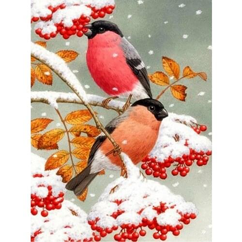 Round Full Drill Diamond Painting Bullfinch Winter Snow Fruit Bird Nouveaute DIY Needlework Mosaic Embroidery 5D Cross Stitch