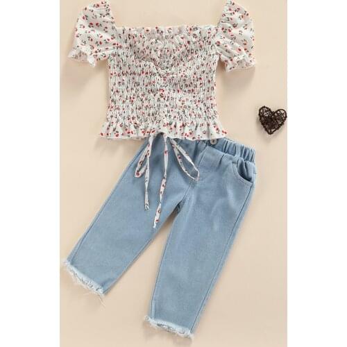 2021 Fashion 2pcs Baby Girl Clothing Floral Square Collar Puff Sleeve Drawstring Shirt Frayed Raw Hem Denim Pants with Pocket