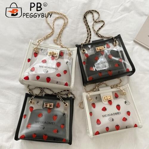 Fashin Women Strawberry Printing Chain Shoulder Crossbody Composite Bag Casual All-match PVC Transparent Travel Handbags