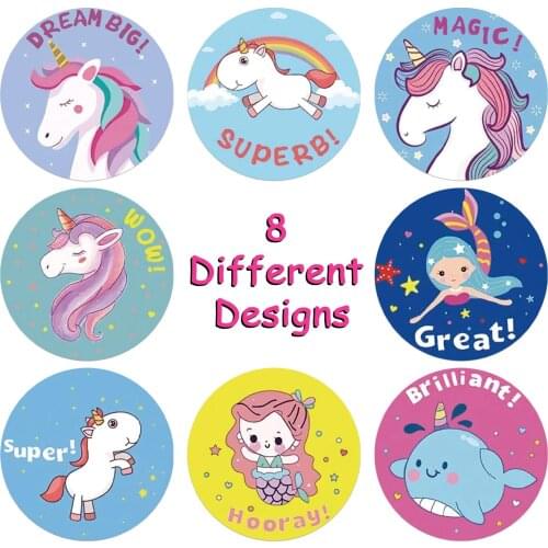 Reward Sticker for Kids Mermaid Unicorn Animal Cute Pattern 500pcs 1 inch 8 Designs School Teacher Supplies Child Sticker