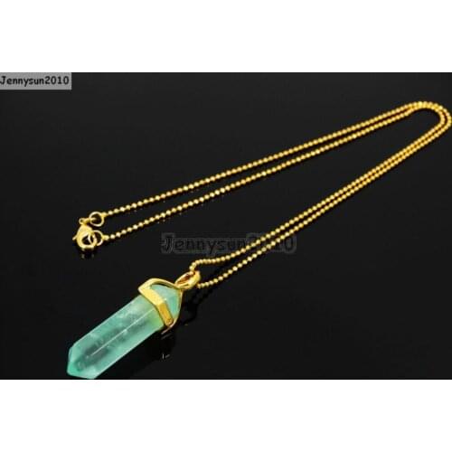 Natural Green Fluorite Gems Stones Hexagonal Pointed Healing Reiki Chakra Pendant Beads Gold 17'' Chain Necklace 5 Sets/Pack