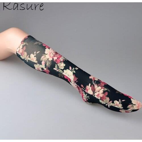 KASURE Flower Pattern Silk Print Long Socks For Women New Fashion Elastic Spring Summer Ankle Socks For Young Ladies