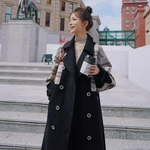 College style sleeves stitching black woolen coat womens mid-length autumn and winter new thick casual woolen coat