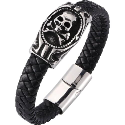 Punk Leather Bracelet for Men Skull Cross Bones Bracelet Charm Stainless Steel Bracelets Bangles Fashion Male Jewelry BB0272