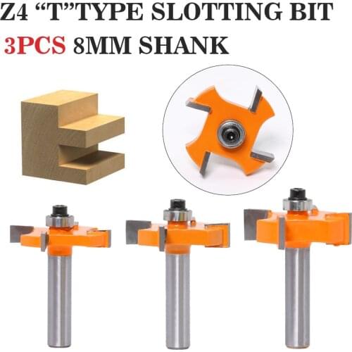 3PSC Z4 T TYPE SLOTTING BIT 8mmShank cutter Industrial Grade Rabbeting Bit woodworking tool router bits