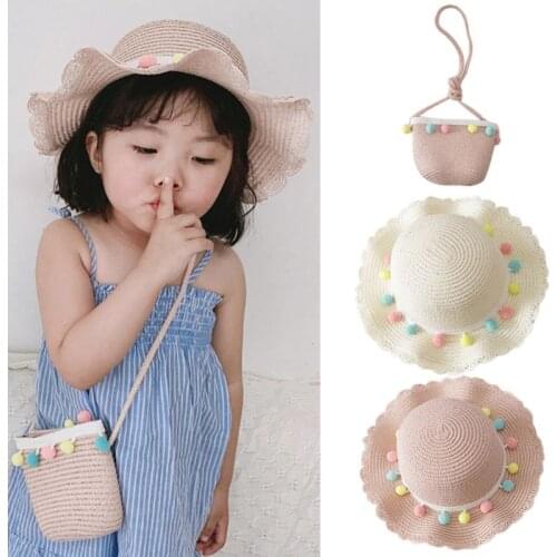Kids Girls Large Wide Brim Straw Woven Sun Protection Beach Hat Colorful Pompom Ball Summer Floppy Bucket Cap Portable Handbag