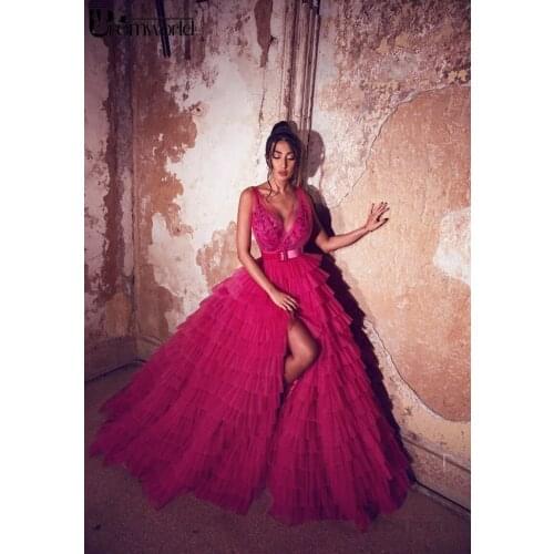 Puffy Fuchsia Prom Dresses 2020 Sexy V-Neck Slit Sleeveless Tulle Appliques Tiered Sashes robe de soiree Prom Gown Long