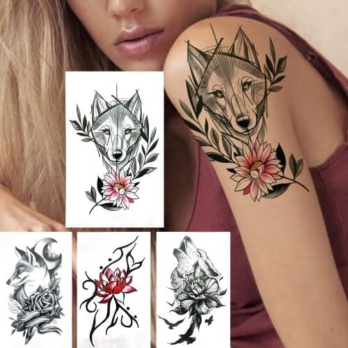 Line Art Wolf Tattoos Sticker For Women Adult Flower Leaf Fake Temporary Tattoos Realistic Fox 3D Waterproof Transfer Tatoo