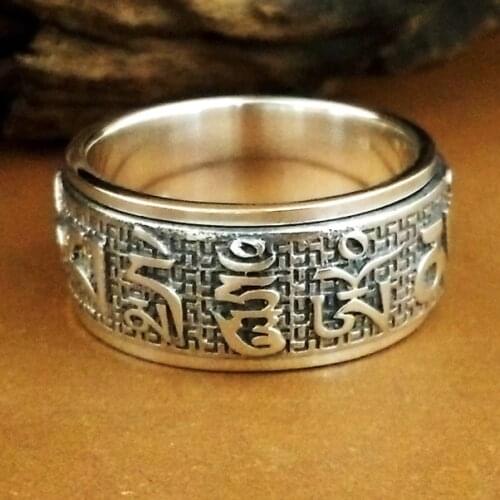 Solid 925 Sterling Silver Om Mani Padme Hum rotatable Ring S2303