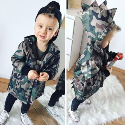 UK Stock Toddler Kid Baby Boy Camouflage Dinosaur Zipper Coat Top Hooded Outwear