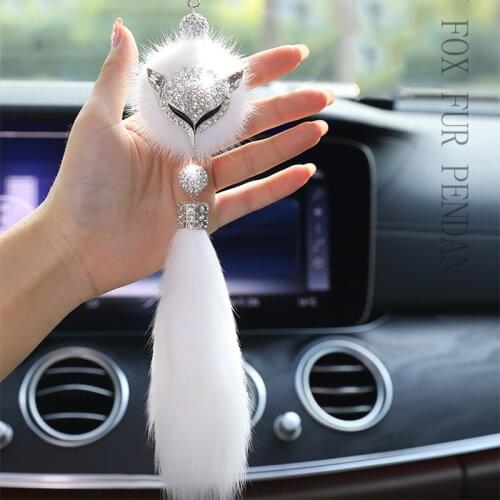 Fashion Diamond Fox Rear View Mirror Ornament Fur Bling Rhinestone Car Mirror Hanging Accessories for Girls Women 8 Colors Cute
