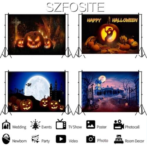 Dark Night Castle Pumpkin Lantern Halloween Backdrop for Holiday Party Family Decoration Photography Photo Kids Vinyl Background