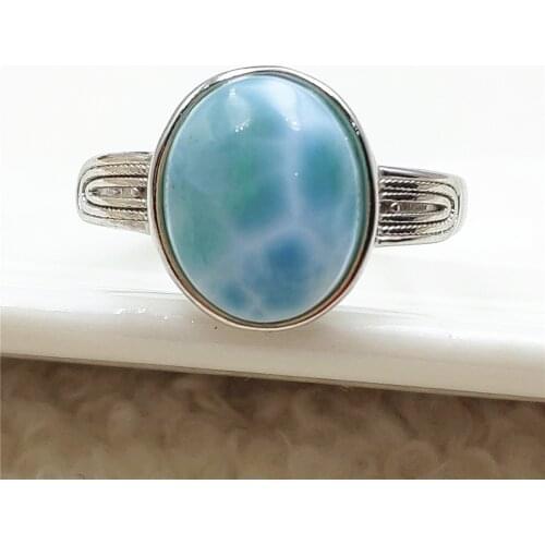 Top Quality Natural Larimar Blue Gemstone Adjustable Ring 12x10mm Dominia Water Pattern Oval 925 Sterling Silver AAAAAA