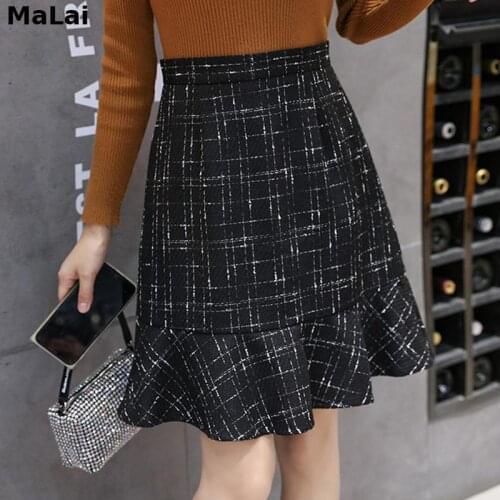 Korea Vintage Plaid Tweed Skirts Autumn Zipper Wool Skirt Women Knee-Length High Waist Mermaid Skirt Midi Loose Office Lady W202