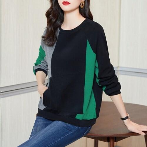 Women O-Neck Cotton Patchwork Sweatshirt 2021 Spring And Autumn New Mature WomenS Top