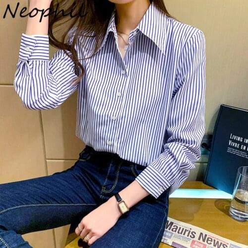 Neophil Blue Striped Women Office Casual Shirt Long Sleeve Lapel All-Match Single Breasted 2021 Autumn Vintage Blouse Top B21555