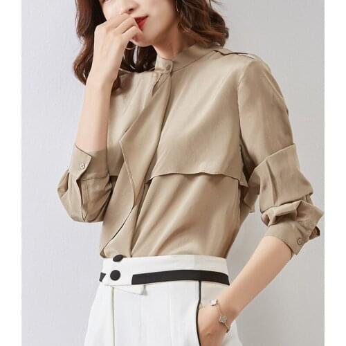 Shirt 100% Women Silk Summer Long Sleeve Blouse office Womens Tops and Blouses ruffle top shirts 2020 2222 KJ5500