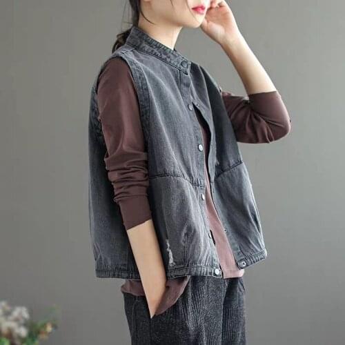 Denim Vintag Hole Vest Coat Plus Size Spring Summer New Arts Style Women Loose Casual Vest Jacket Single Breasted Cotton