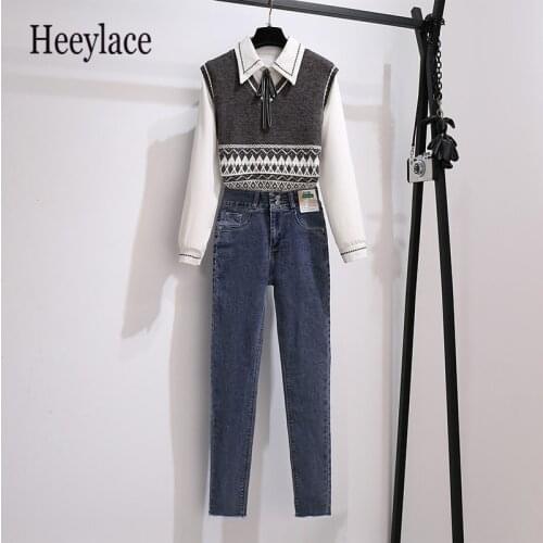 2021 autumn new knitted vest embroidered shirt bottomed blouse + jeans set Korean Casual 3 Pieces Set For Women Elegant Outfits