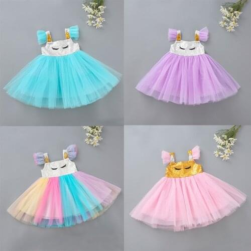 2T-7T Girls Unicorn Tutu Dress Rainbow Princess Kids Party Dress Children Christmas Halloween Cosplay Costume With Headband Wing