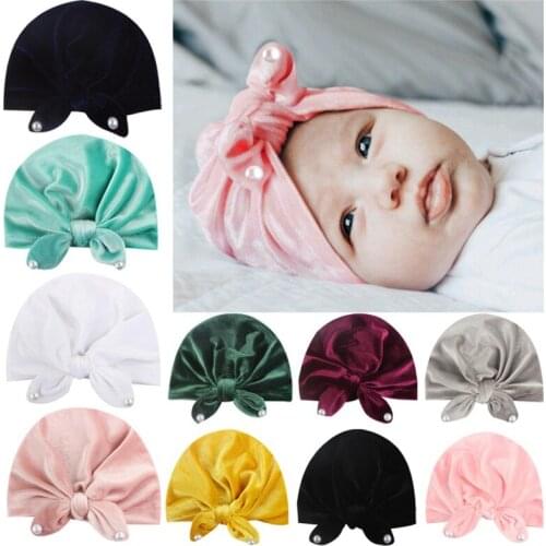 1pc Cute Pearl Beanie Baby Girl Hat Elastic Newborn Hat Turban Bowknot Cap for Girls Solid Cotton Baby Hat Accessories for Girls
