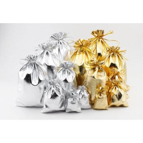 100pcs/lot 11x16 13x18 15x20 17x23cm Golden/Silver Drawstring Organza bag Christmas Wedding Gift Pouches Jewelry Packaging bags