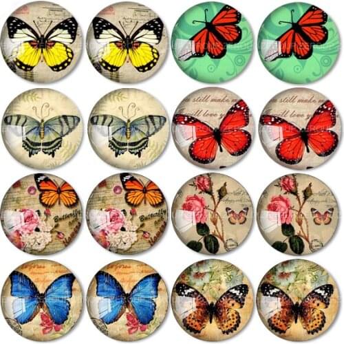 ZEROUP 16pcs Round Glass Cabochon Butterfly Pictures Mixed Pattern Fit Base Earring Setting for Jewelry Flatback TP-002-ER-1