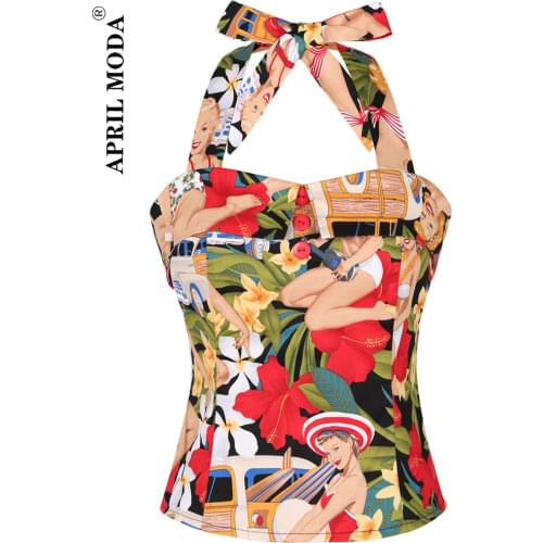Cropped Tops Shirts Rock Clothing Halter Womens Sleeveless Western Girl Printed Retro Vintage OL Office Blouse Summer for Party