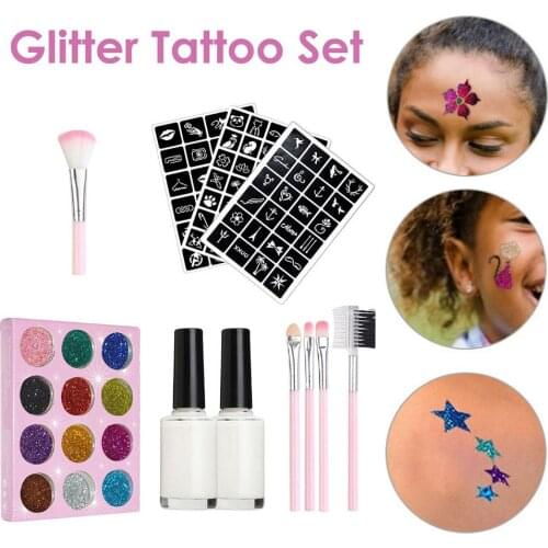 Glitter Temporary Tattoo Sticker Waterproof Tattoo Decals Glitter Tattoo Kits 12 Color 72 Templates Face Body Painting Art Tools