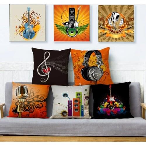 Cartoon Rock Music Style Cushion Cover Beige Linen Pillow Covers 45*45 Square Throw Pillows Cases Sofa Home Decor Pillowcase