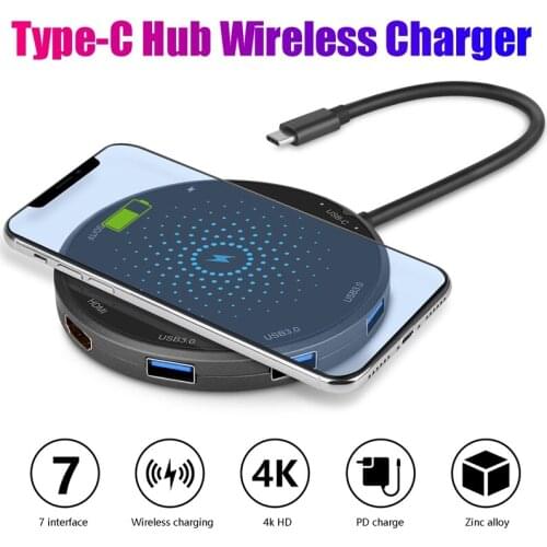 USB C Hub Wireless Charger Type-C Docking Station PD+USB3.0+HDMI-Compatible+TF Card Slot for iPhone12 HUAWEI