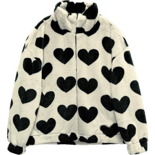 Korean Winter New Fashion Coat Harajuku Love Printing Loose Full Sleeve Leather Jacket Vintage Flannel Keep Warm Cotton Clothes