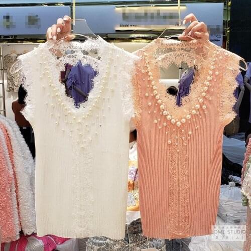 Summer Top for Women New Heavy Industry Beaded Sexy Lace Edge Strapped Slim Knitted Tank Top Girls Ladies Casual Tops Shirts