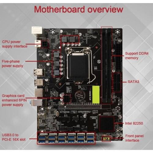 20CE B250C BTC Miner CPU Motherboard Set of 12 Video Card Slots Support LGA 1151 Memory DDR4 SATA 3.0 USB 3.0 Low Power