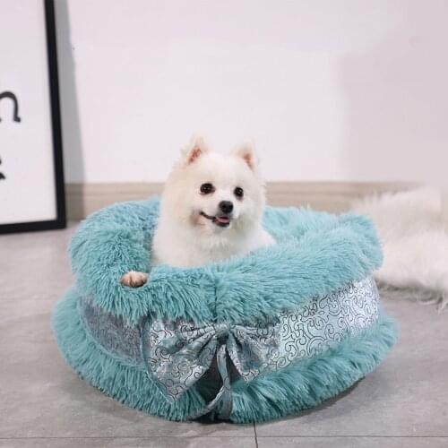 Cute Cat Beds Pet Dog Warm Bed Luxury Bowknot Decoration Fluffy Round House Soft Long Plush Bed Dog Basket Animals Sleeping Bed