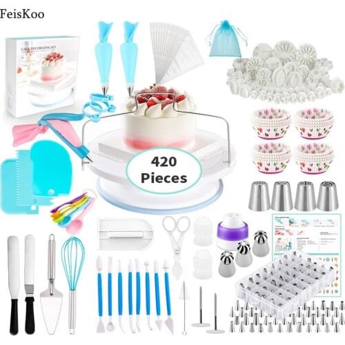 420pcs Cake Decorating Tools Kit Icing Tips Turntable Pastry Bag Coupler Cream Nozzle Baking Tools Set For Cupcakes Kitchen Tool