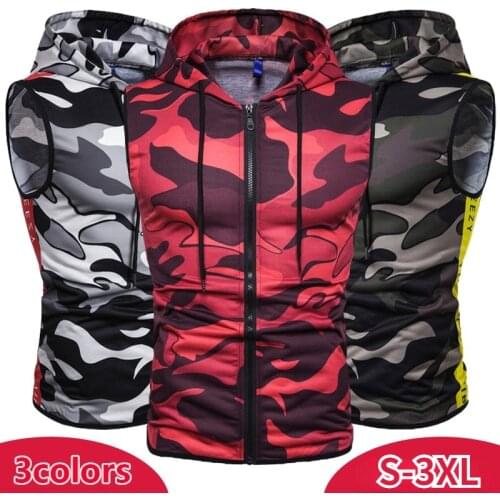 New Mens Red Camouflage Zipper Hooded Sleeveless Camouflage Printed Fitness Sports Vest