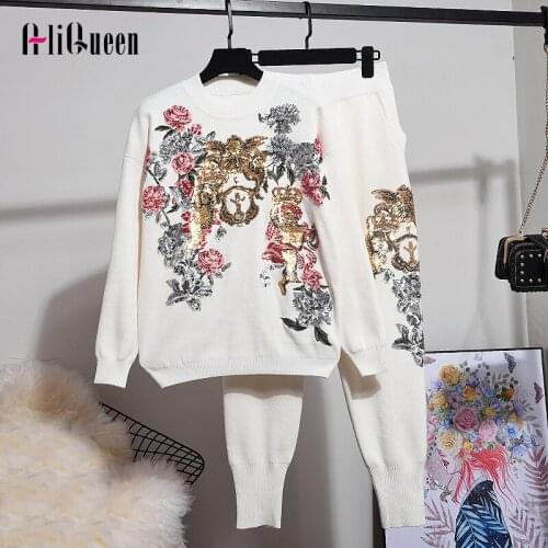 Autumn Winter Plus Size Knitted Set Women Korean Sequin Embroidery Flower Loose Sweater Tops + Harem Pant Set Ladies 2 Piece Set