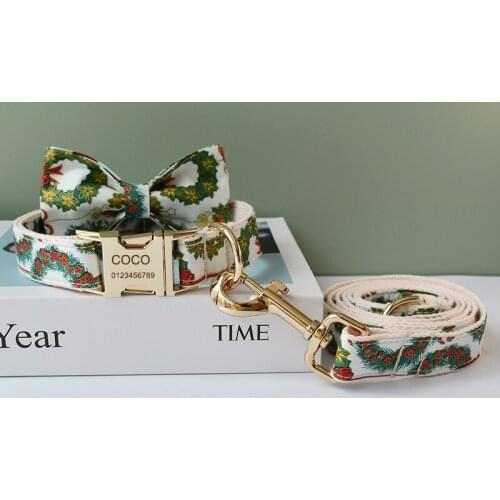 Free Engrave Dog Collar Leash Set For Medium Big Pet Necklace With Bow Tie Pet supplies Christmas gift