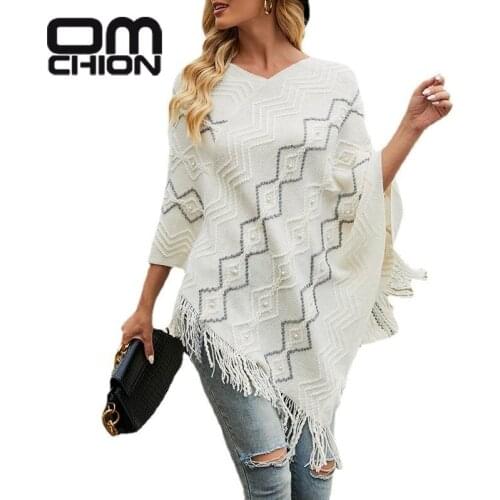 OMCHION Pull Femme 2021 Autumn Korean New Womens Wavy Striped Cloak Casual Tassel Shawl Coat Loose Oversized Poncho Knitted Top