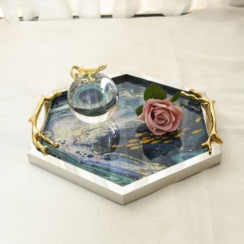 Nordic Golden Glass Tray Creative Metal Hexagon Marble Storage Decoration Accessories Modern Home Coffee Table Desktop Organizer