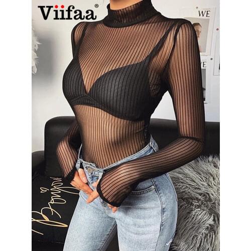 Viifaa Stand Collar See-Through Striped Mesh Transparent Sexy Bodysuit Women Spring Long Sleeve Backless Party Night Clubwear