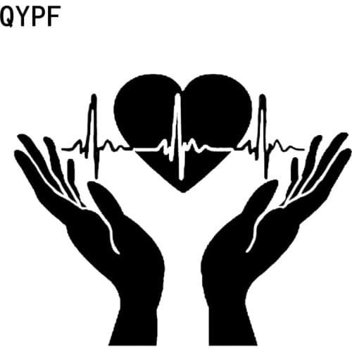QYPF 15.3*12.3CM Coolest Heart Heartbeat in Hands Open Palms Cardiogram Car Sticker Decoration Vinyl C16-0327