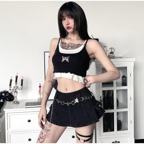 Tank Tops Female Hip Hop Bodycon Crop Tank Tops Summer Lace Crop Top New Color Contrast Two Piece Waistcoat for Women