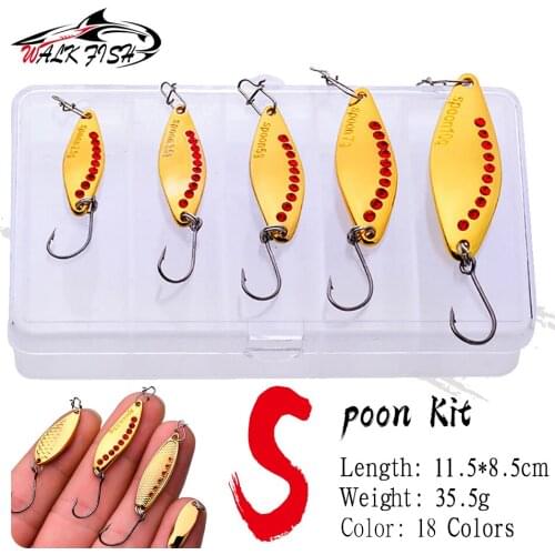 WALK FISH 5PCS Spoon Lure Kit With Box Metal Sequins Set Artificial Hard Bait Fishing Lure Spinner Kit Set Fishing Tackle